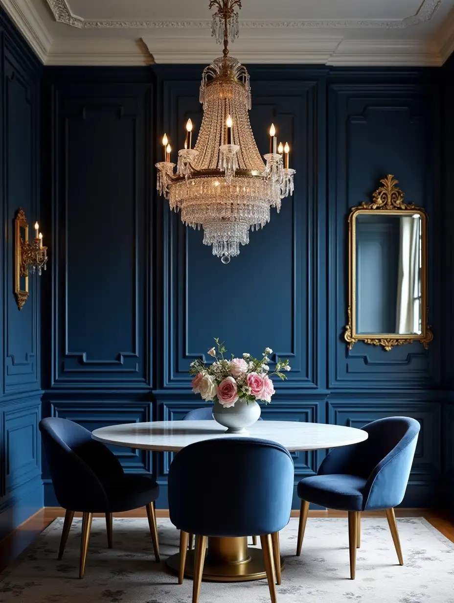 Elegant-Navy-Blue-Dining-Room-with-Crystal-Chandelier-and-Velvet-Chairs