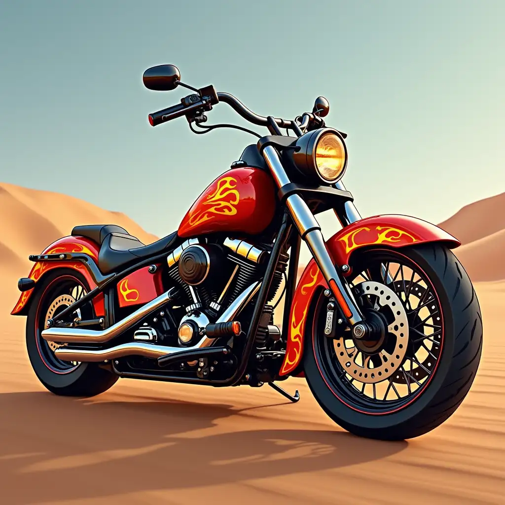 Creating a digital painting of a powerful,rugged chopper motorbike with intricate flaming paint job against a desert backdrop and photorelistic attention to details of parts and lightings.