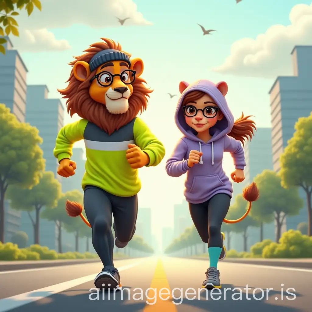 Lion-and-Lioness-Running-Together-in-a-Modern-City-at-Dawn