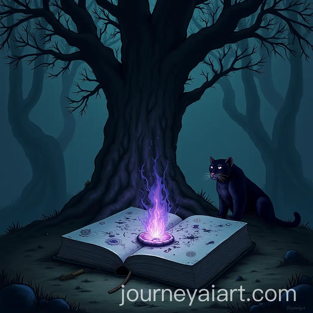 Mystical-Tree-and-Enigmatic-Book-in-a-Dark-Forest-with-Watching-Panther
