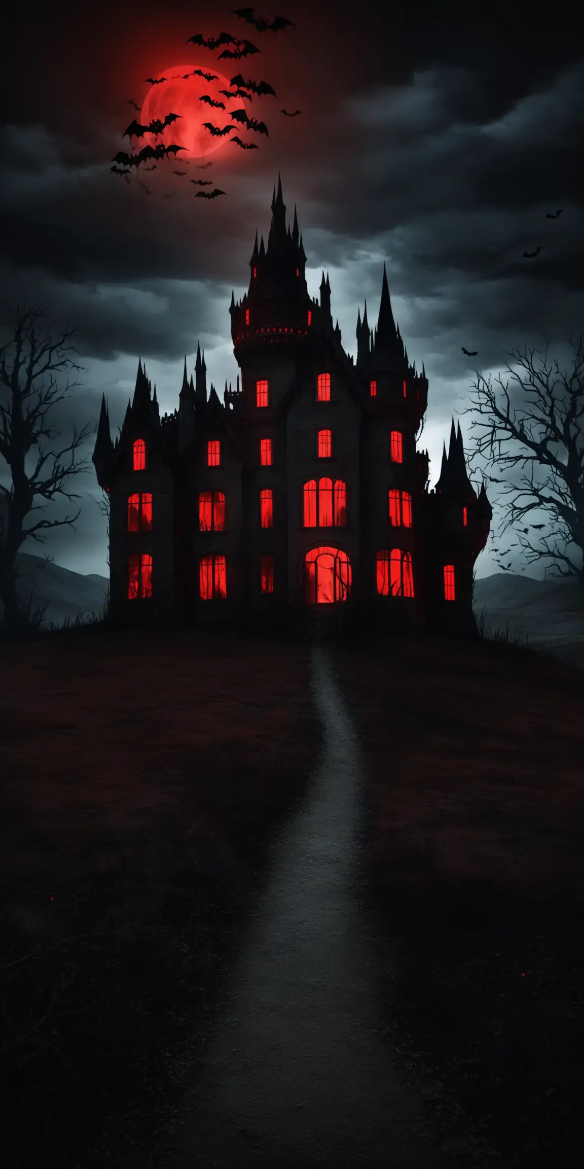 Spooky Castle House with Red Lights in Desolate Wilderness