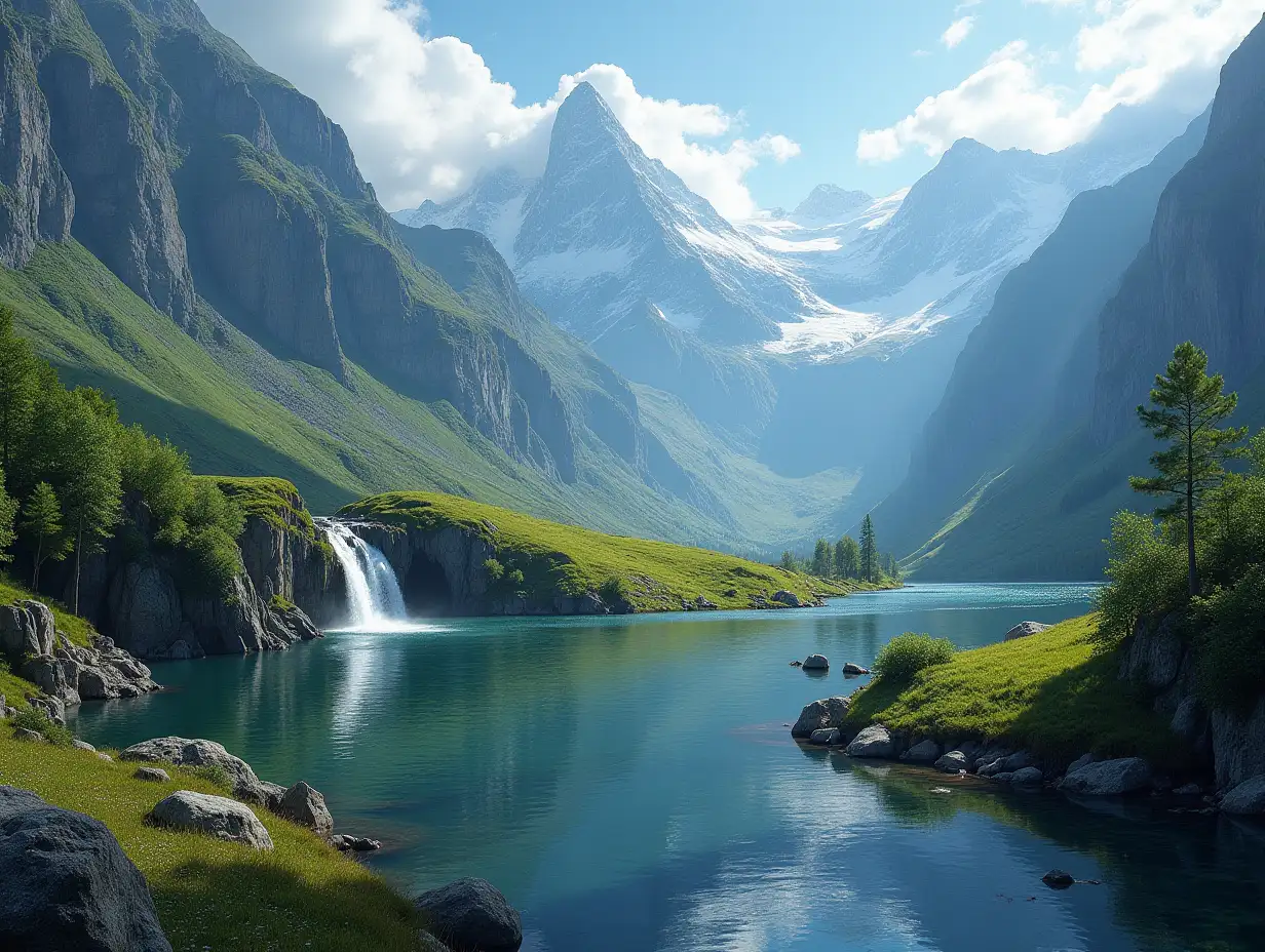 stunningly beautiful mountain landscape with waterfalls and elfish city Encelads