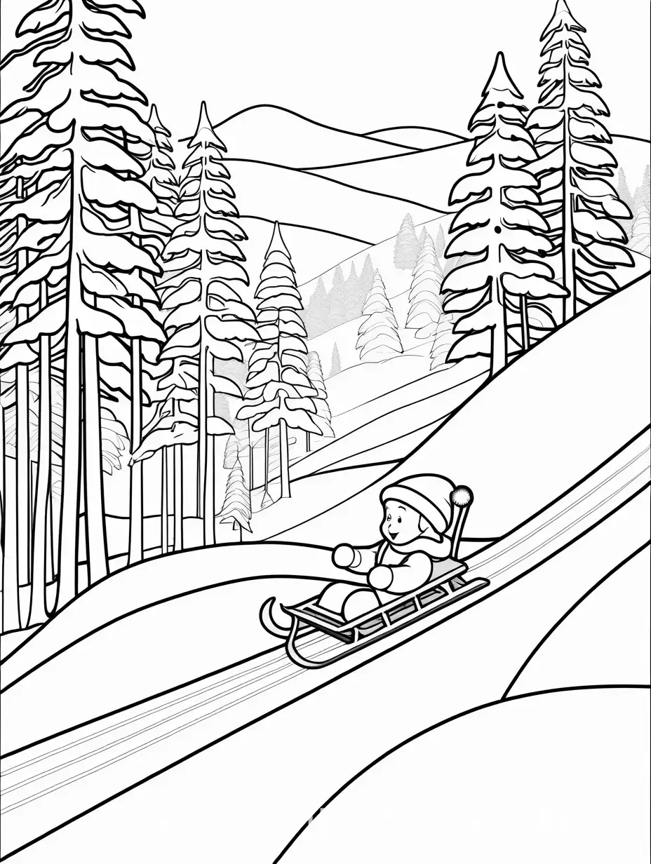 Children-Sledding-Down-Snowy-Hill-Black-and-White-Coloring-Page