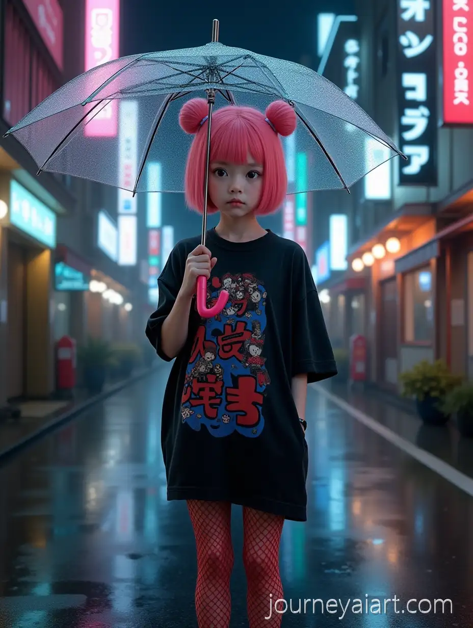 Young-Girl-with-Pink-Bob-Hair-Holding-Umbrella-on-Rainy-Tokyo-Street-at-Night