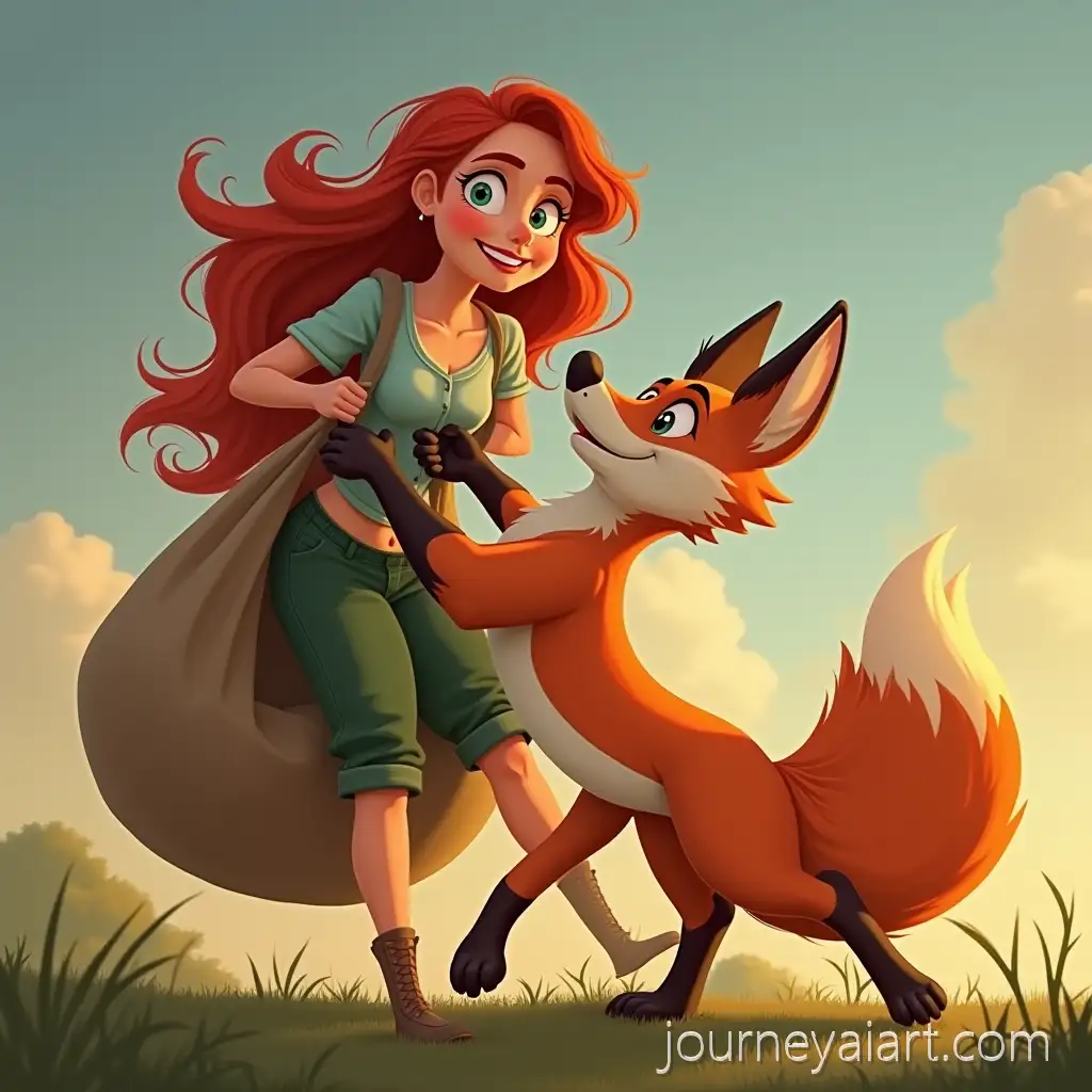 Animated-Illustration-of-a-Woman-Holding-a-Fox-with-a-Large-Sack