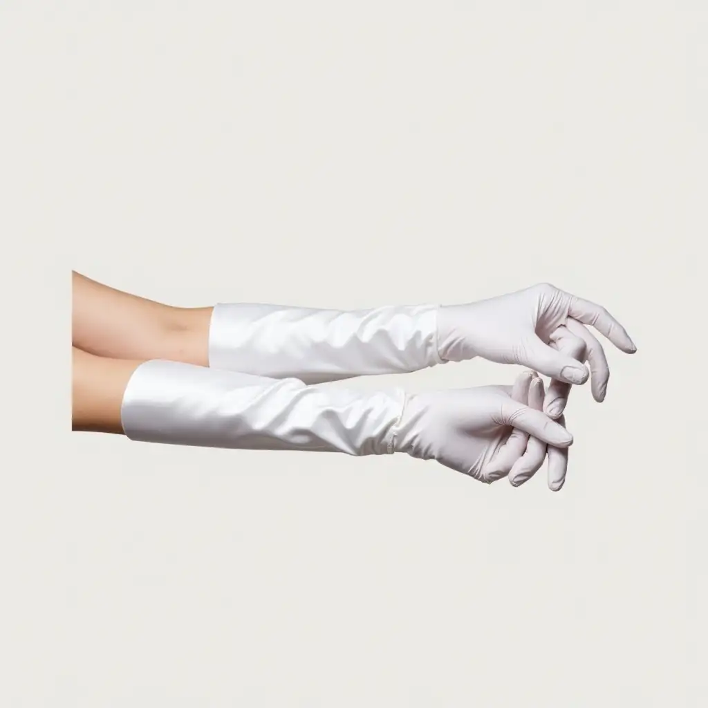 Elegant-Woman-PullingSatin-gloves-arm-pose-on-Long-White-Satin-Gloves
