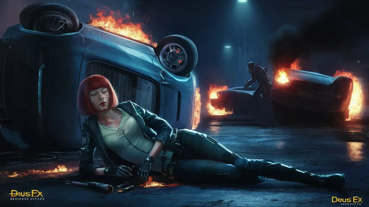 RedHaired Secret Agent Injured in Cyberpunk Night Scene