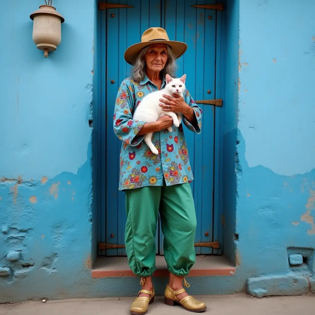 Elderly-Indian-Woman-in-Bohemian-Attire-Holding-a-White-Cat-Against-Blue-Rajasthan-Wall