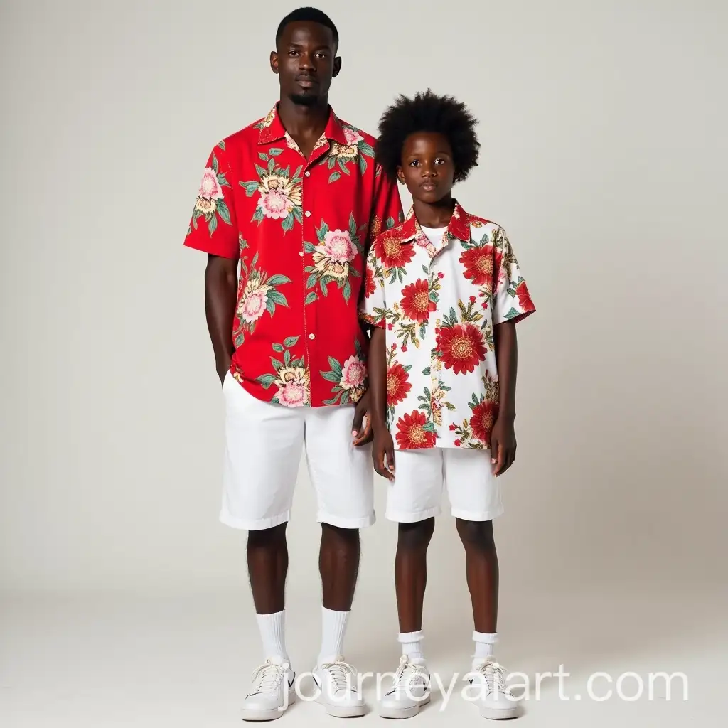 African-Guy-and-Girl-in-Red-Floral-Summer-Shirts-and-White-Shorts