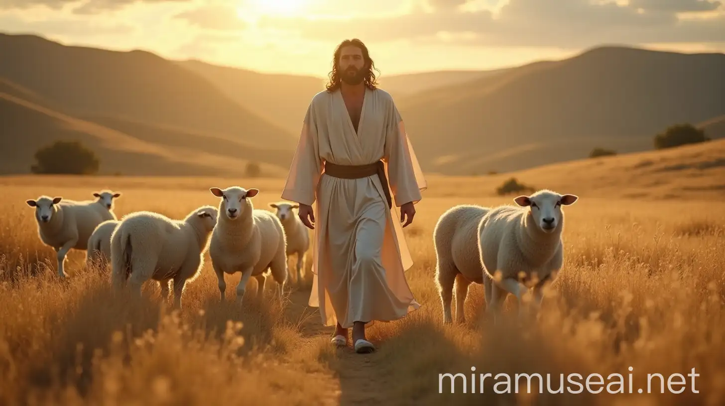 Jesus Walking Among Sheep in a Serene Pastoral Landscape