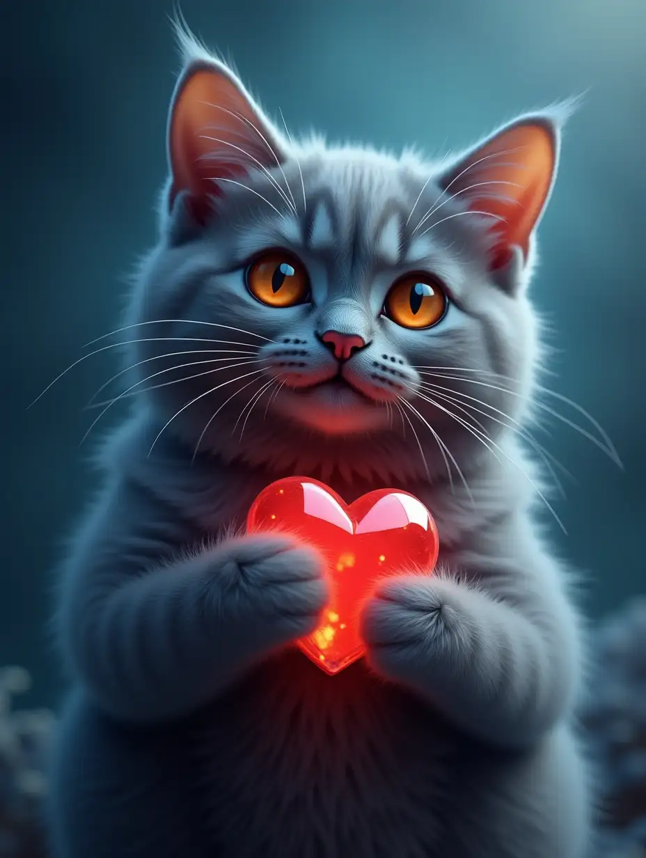 gray cat with orange eyes, a cat in its paws holding a red crystal in the shape of a heart, behind a blue background haze