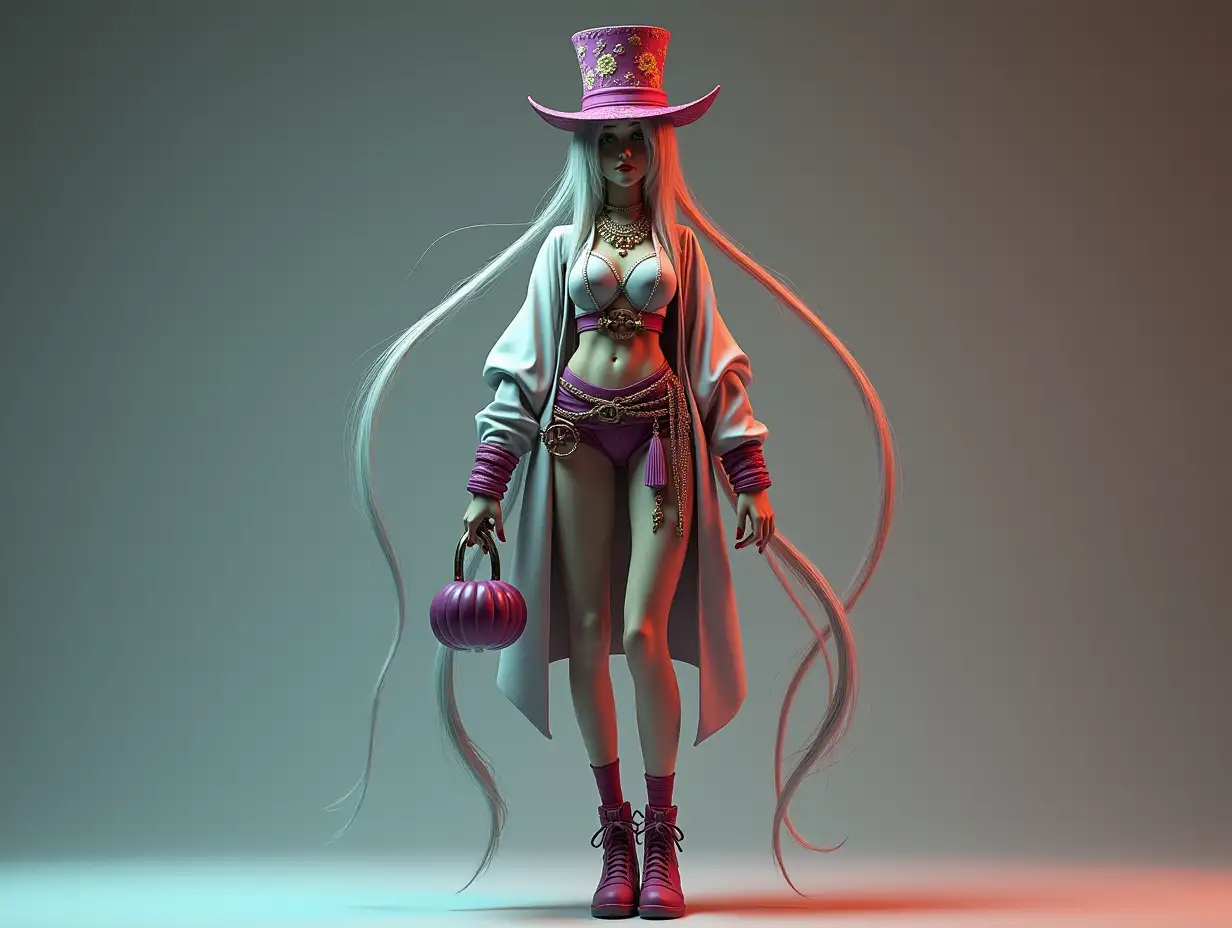 a very long 3-D female figure with very thin hairy legs and very long thin arms with top hat and boots and wearing jewelry.and has a dumbbell in her hand 4K resolution Colorful