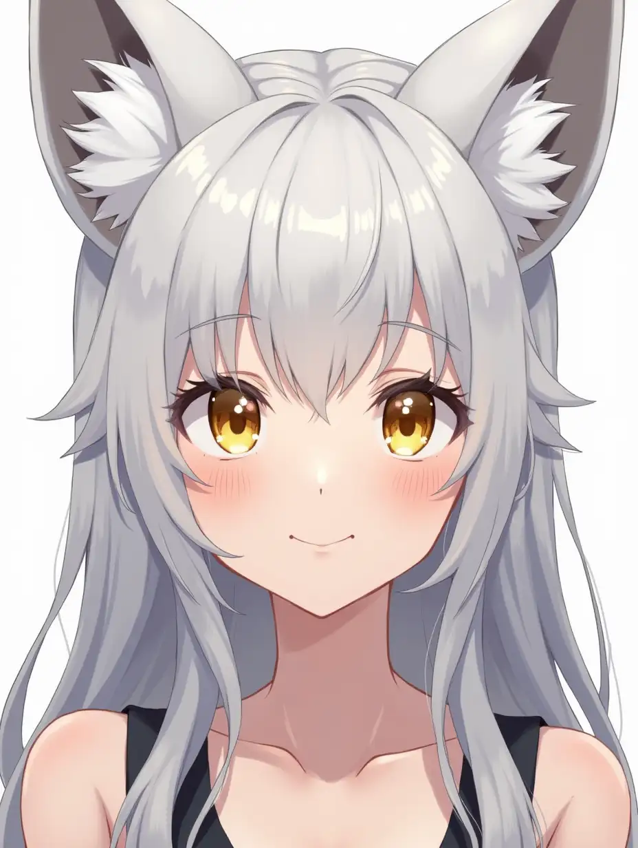 portrait, anime girl, in her twenties, facing viewer, bangs swept to sides, visible forehead, fox ears,royalty, silver hair, yellow eyes