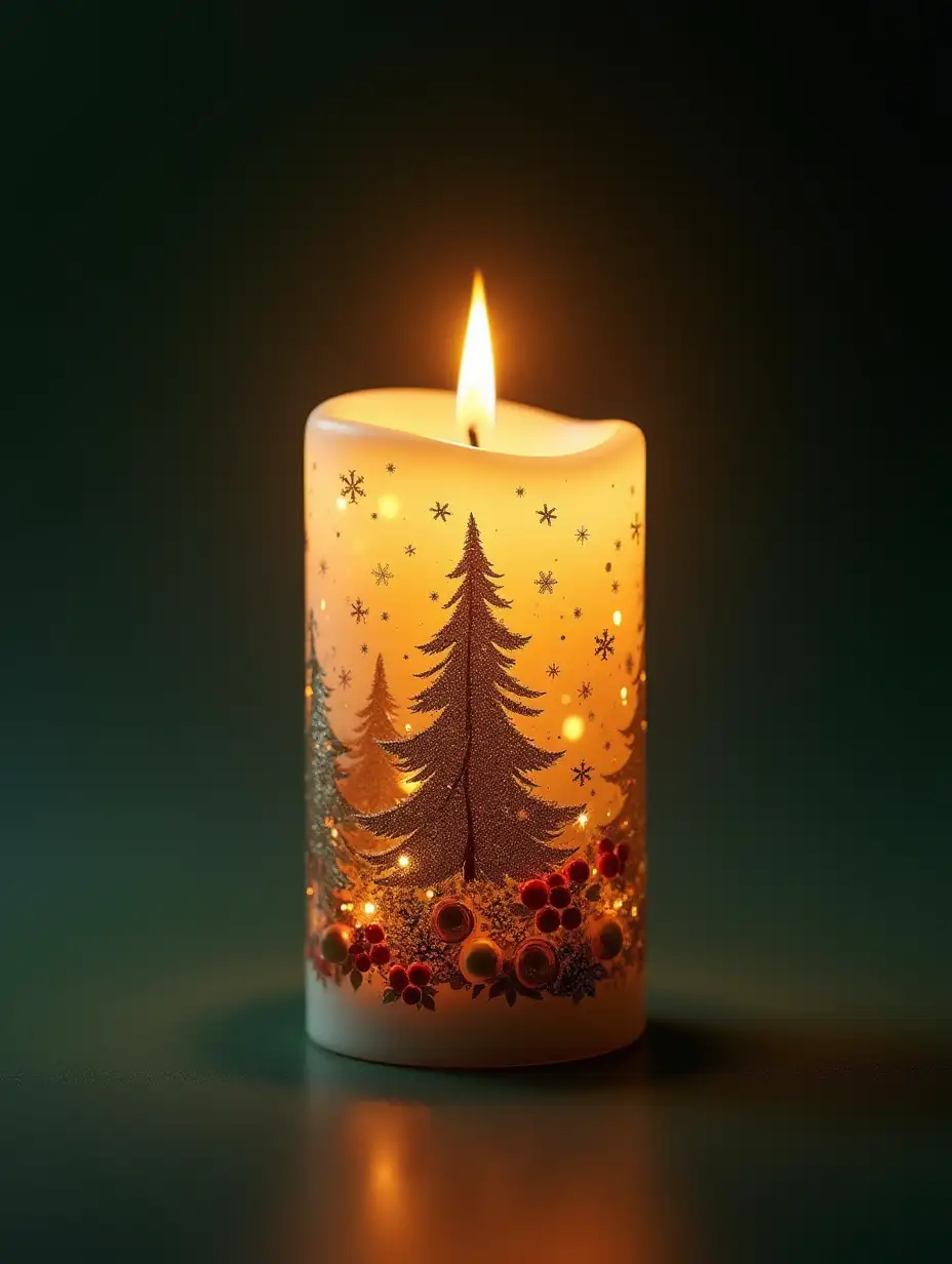 A beautifully lit candle with its wax body decorated in a double exposure style, blending traditional Christmas elements seamlessly into the design. The candle’s surface reveals subtle overlays of tiny Christmas trees, golden ornaments, red berries, and delicate snowflakes, creating a festive and intricate pattern. The golden flame emits a soft, warm glow, casting gentle shadows on the surrounding surface. The background is a soft gradient of dark green transitioning to black, enhancing the candle’s elegant and festive appearance. Highly detailed, artistic, eye-catching, very attractive, 128k uhd