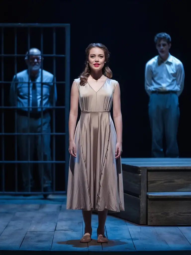 Theatrical Scene with Young Woman on Stage Prisoner Behind Bars and Elderly Man