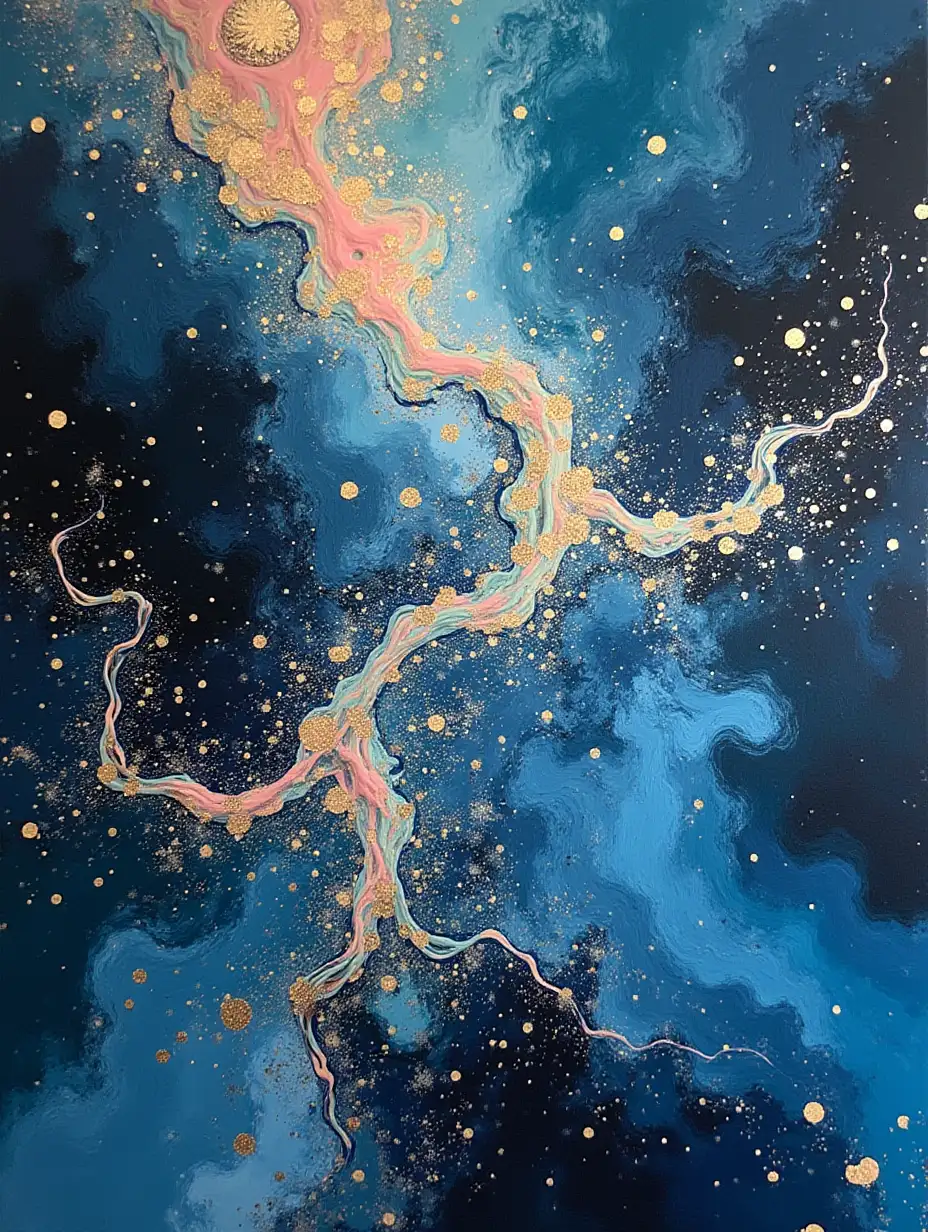 Create an abstract painting with deep black and navy blue swirling brushstrokes, overlaid with pastel arabesque patterns in light coral, mint green, and icy blue. The patterns should feel like a dreamlike fusion of celestial geometry and modern abstraction.