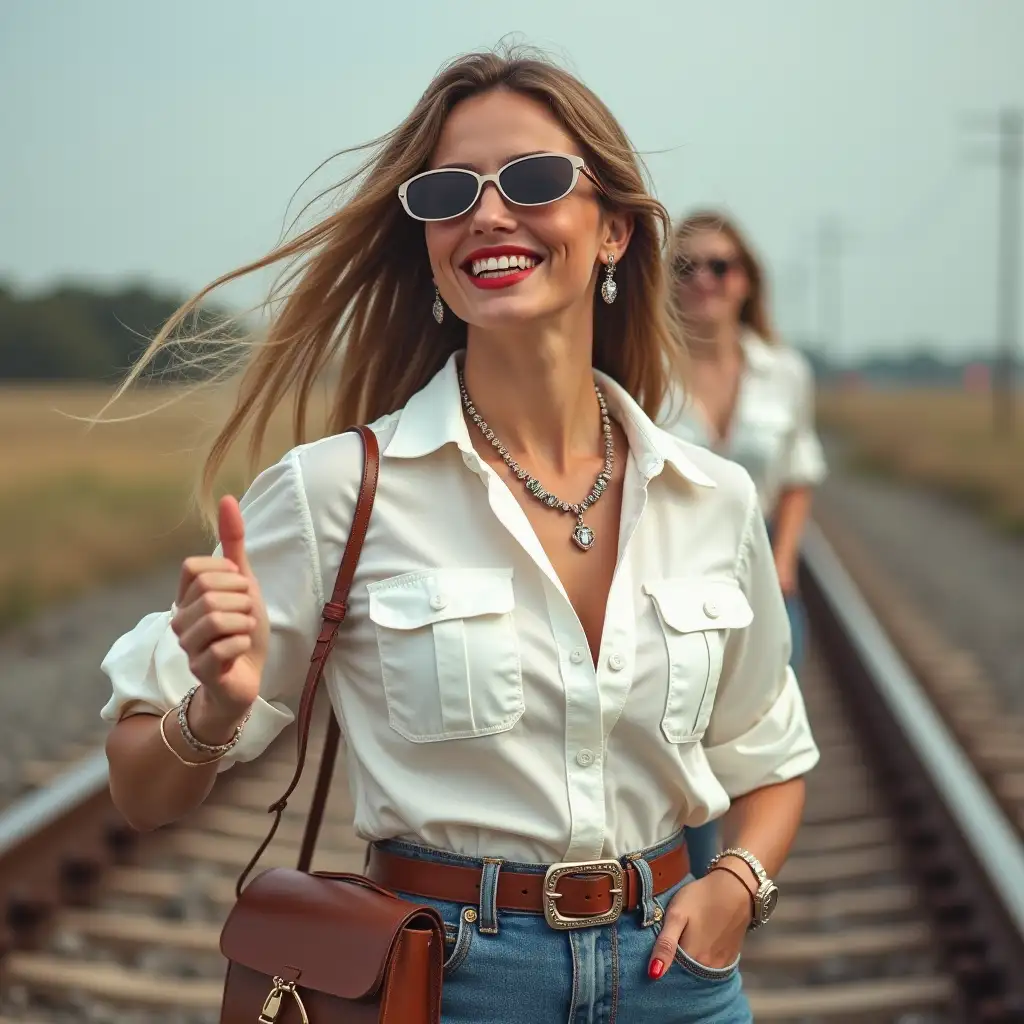 white lady, wearing an white button-up deep-necked aviator shirt, laughing with her mouth open, red lipstick accentuating her smile, accessorized with a stylish belt, holding a leather whip, jewerly, white skin, big wide hips, chest are fully grown, pilot sunglasses, two european lady walking on rails