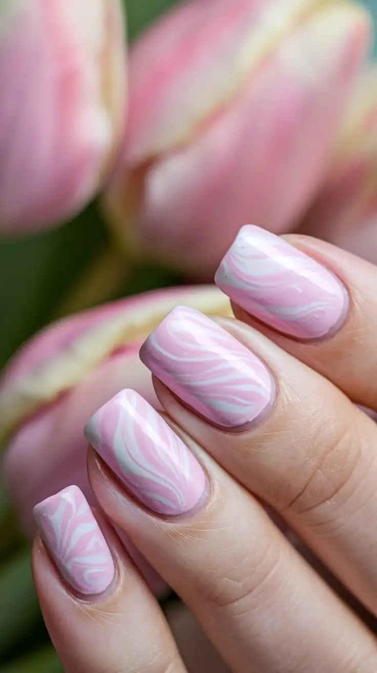 Pastel-Pink-Swirl-Nail-Art-with-Marble-Effect-and-Tulip-Background