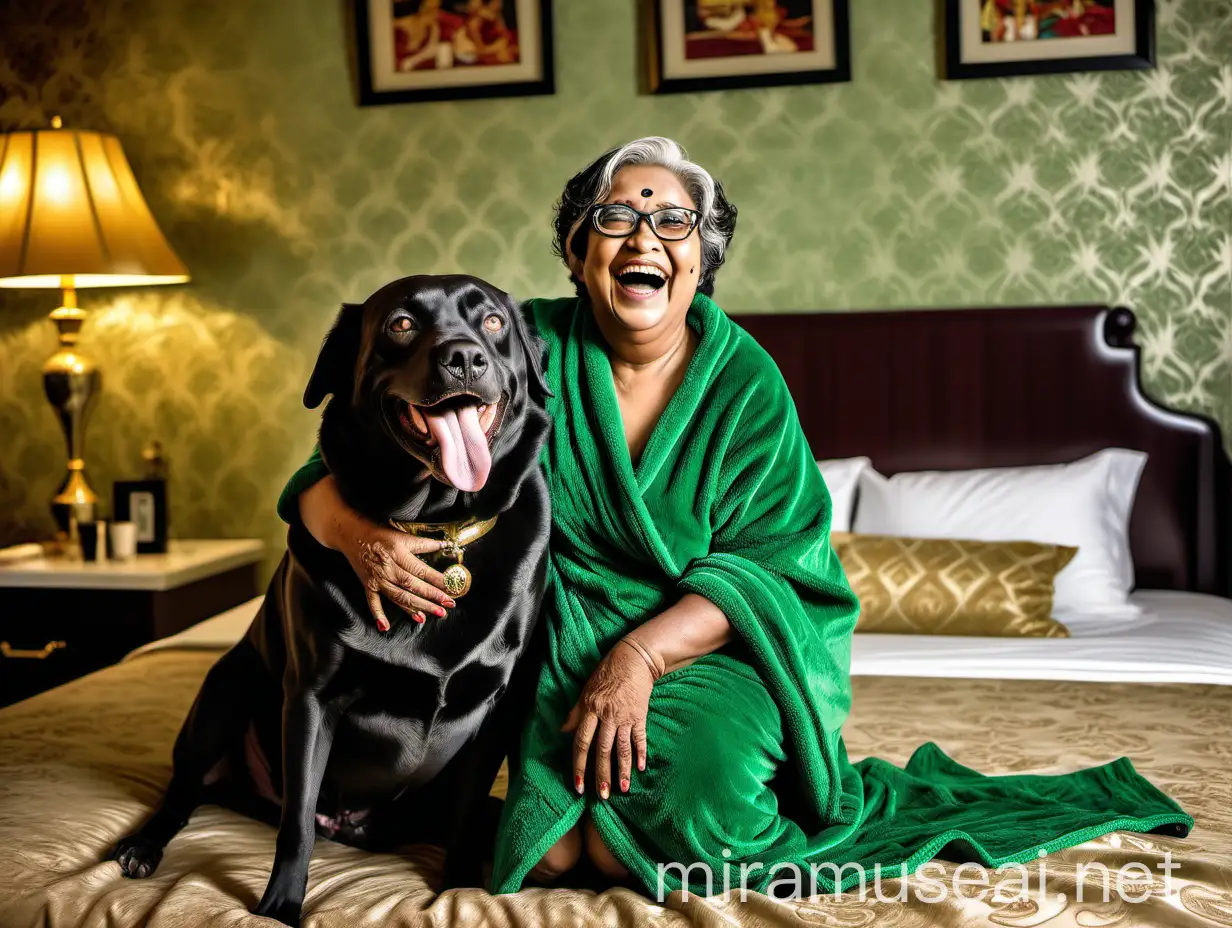 Joyful Mature Bangladeshi Woman with Dog on Luxurious Bed