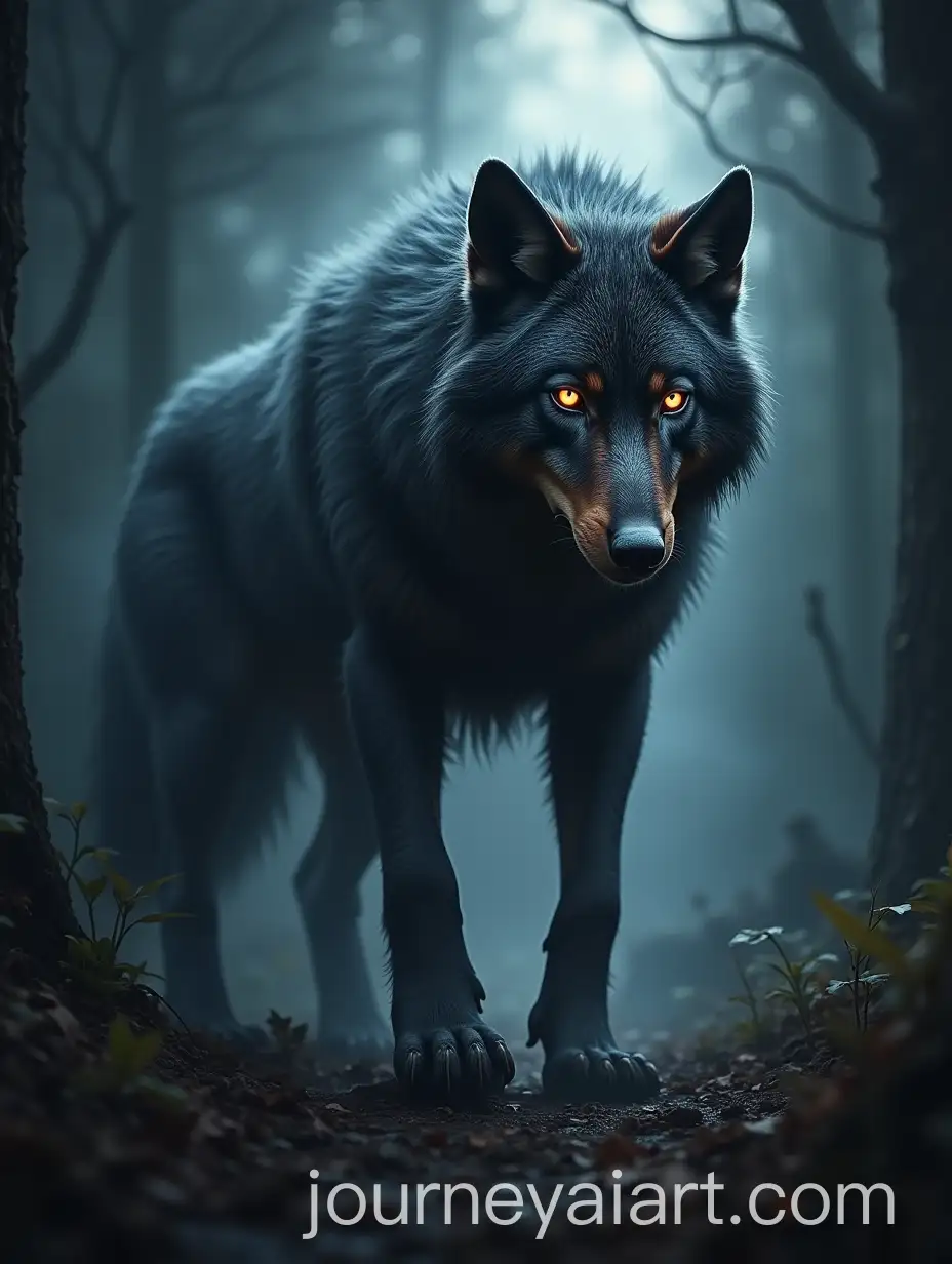 Realistic-Wolf-Hybrid-Emerging-from-a-Dark-Forest