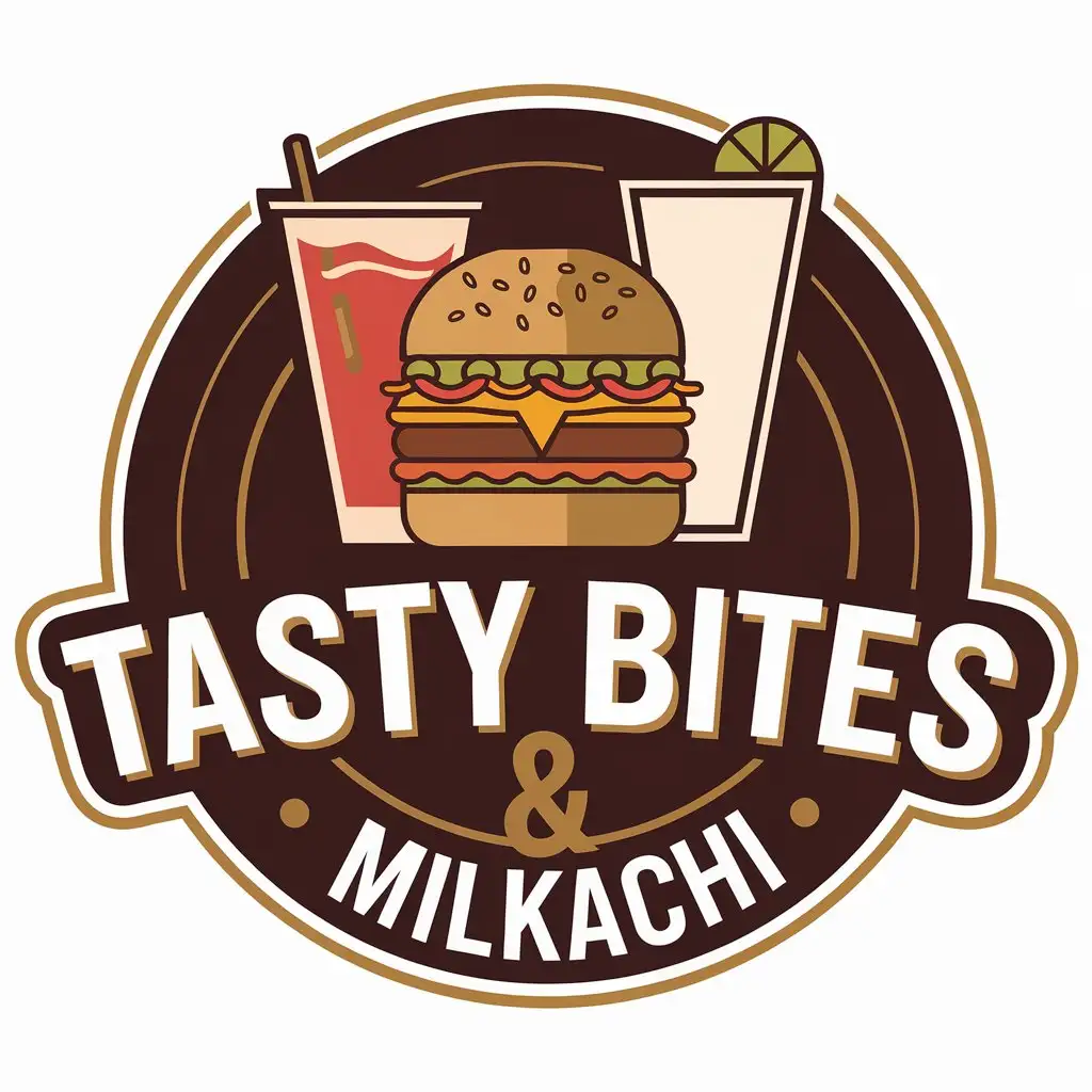 LOGO Design for Tasty Bites Milkachi Burger Drink and Spice Plate with Modern Restaurant Industry Appeal