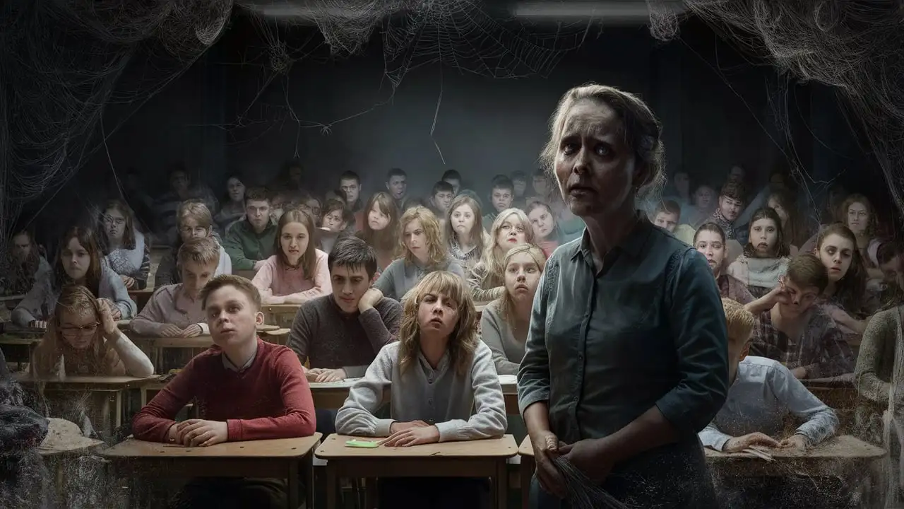 Despair in a Lecture Hall Bored Students and a Weary Teacher Amidst Spiders and Webs