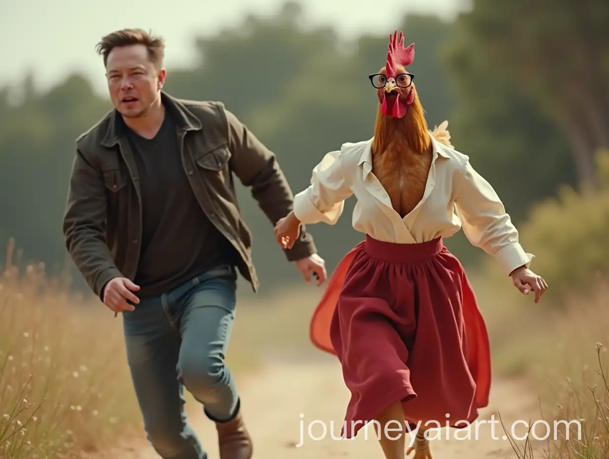 Elon-Musk-Chasing-a-Chicken-in-a-Red-Skirt-and-Glasses-Outdoors