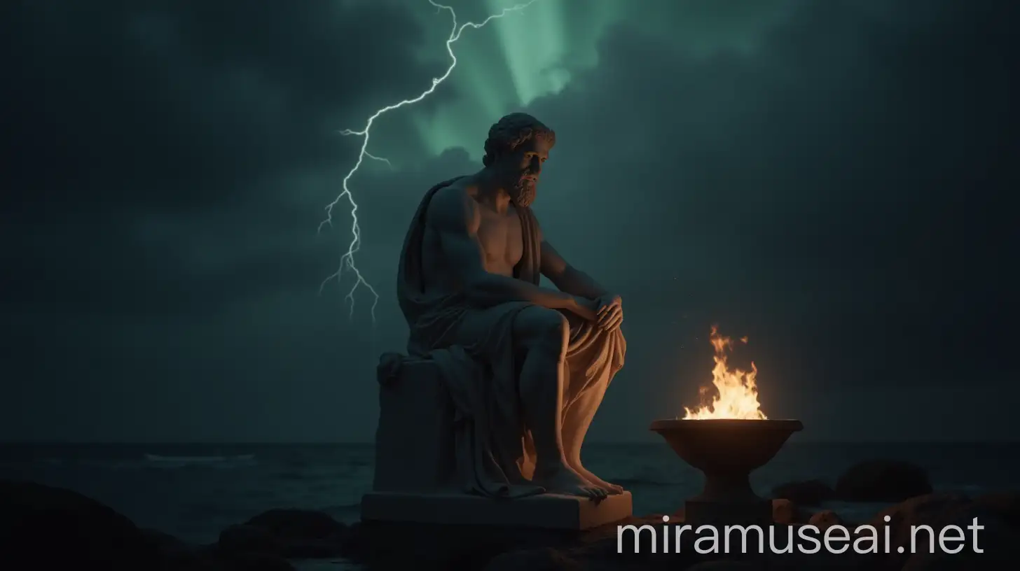 Stoic Philosopher Statue Finding Solace in Thunderstorm