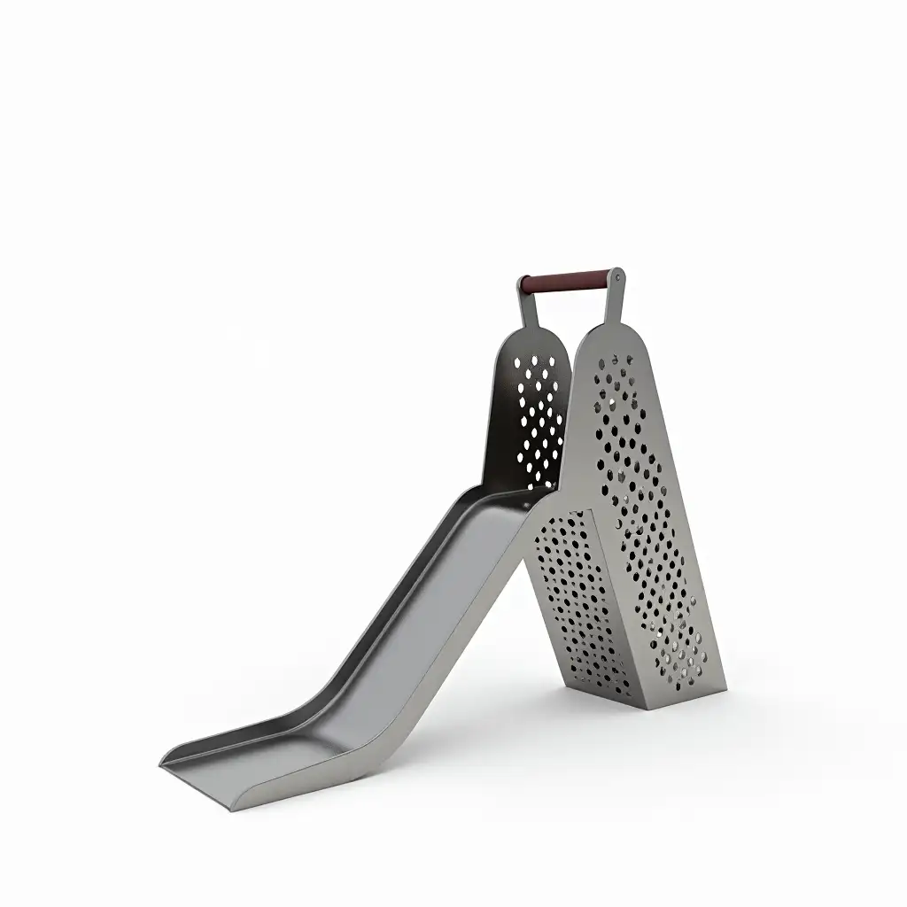 A surreal metallic cheese grater transformed into a children's slide. The grater retains all its original details, including its perforated stainless-steel surface, sharp-edged holes, and sturdy handle at the top. One of its larger sides extends downward to form the slide, but the surface still functions as a grater, with its holes and blades intact. The surreal concept creates an unsettling yet realistic fusion of a playground slide and a kitchen tool. The background is pure white, emphasizing the bizarre yet detailed transformation.