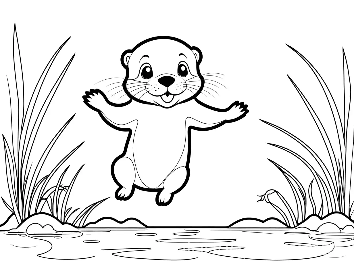 Baby-Otter-Jumping-Coloring-Page-Black-and-White-Line-Art-on-White-Background