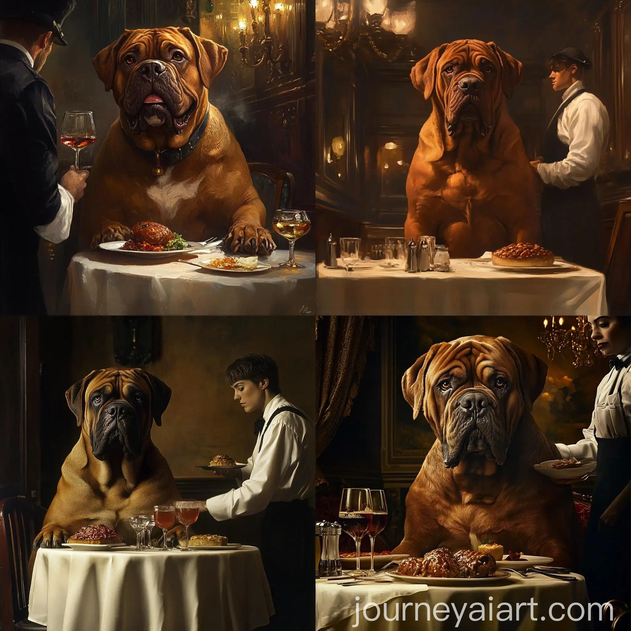 Mastiff-Sitting-at-Dinner-Table-with-Server