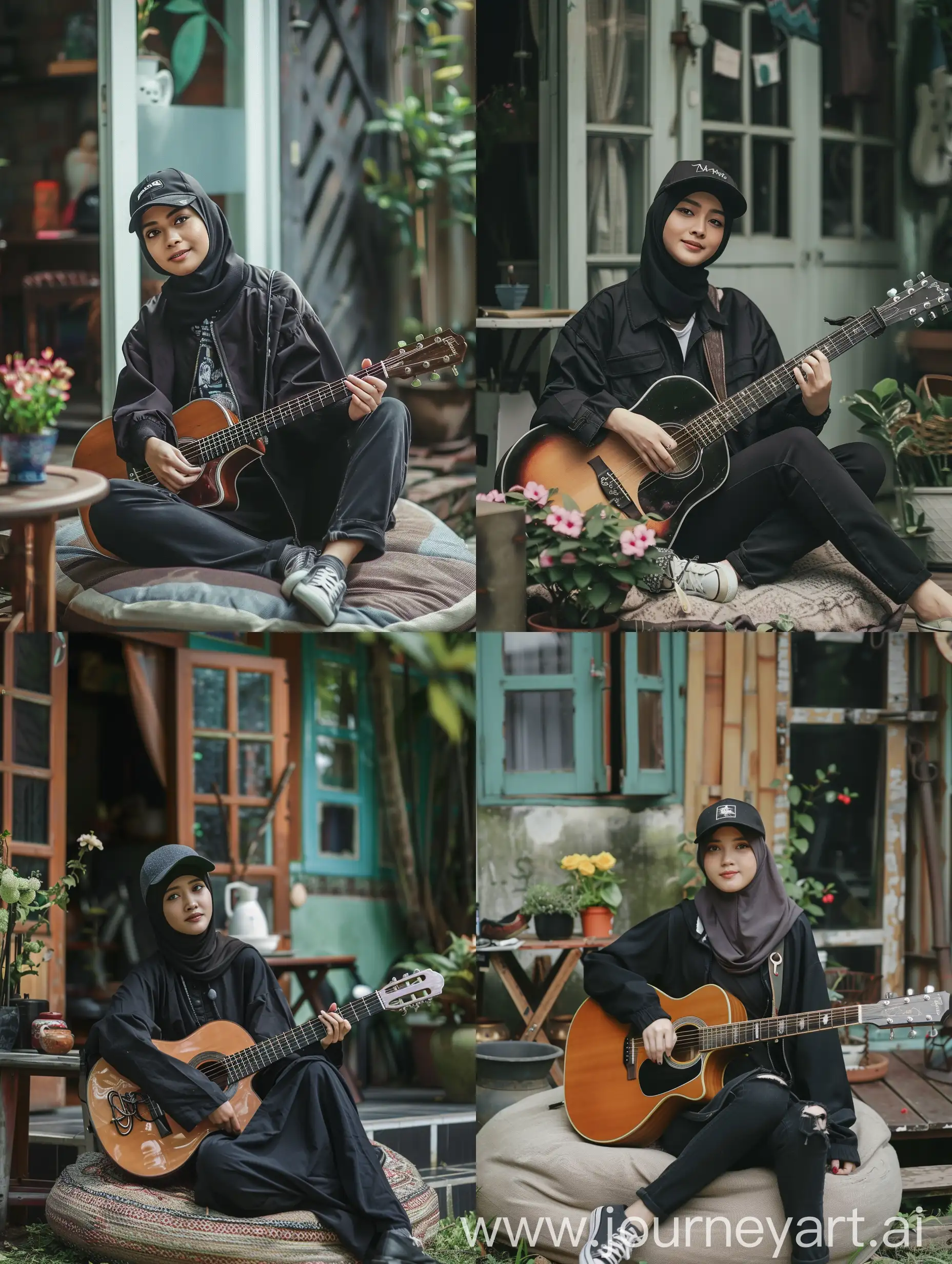 Indonesian-Woman-in-Black-Jacket-with-Guitar-Sitting-Outdoors