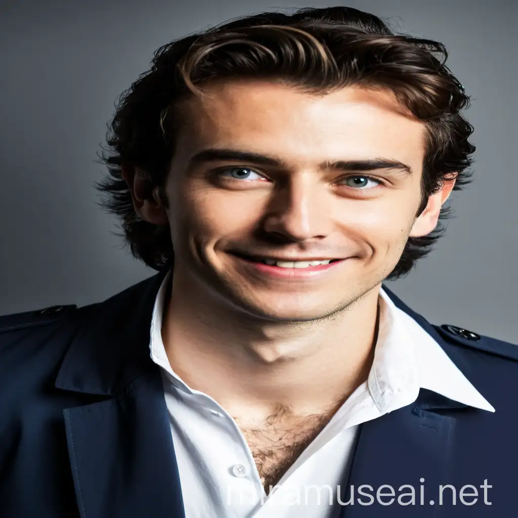 Enigmatic Young Man in Blue Trench Coat and White Shirt with Grey Eyes