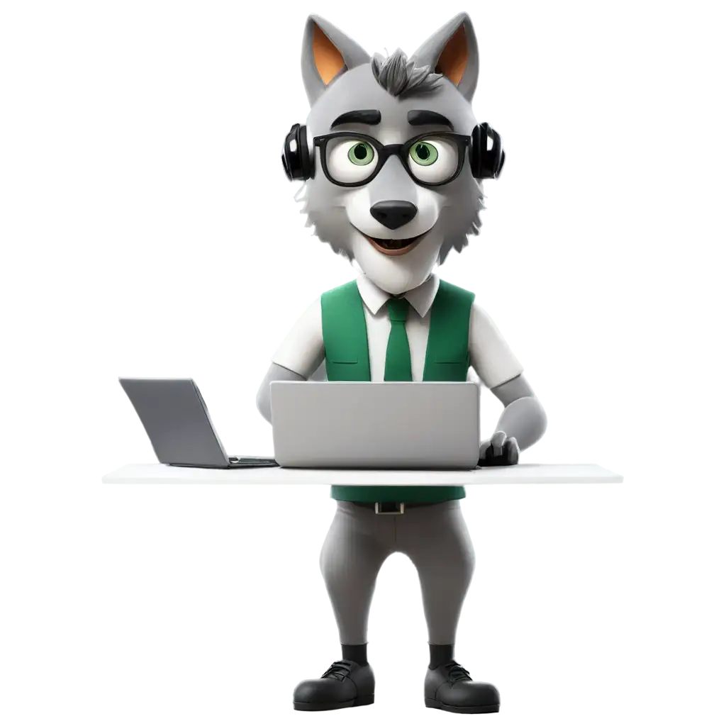 Title: Wolf Preparing Design for DTF PrintingnDescription: Create an image of the grey and white wolf character working on a computer, using design software like Adobe Illustrator, Photoshop, or CorelDRAW. The wolf should be focused, with a creative expression, as it creates or adjusts a colorful design on the screen. The background can be a modern, well-organized workspace with elements like a desk, computer, and some design tools (pens, paper, etc.).nDetails:nCharacter:nSpecies: WolfnColor: Grey and white furnExpression: Focused and creativenAccessories: Green sunglasses, optional headset or headphones