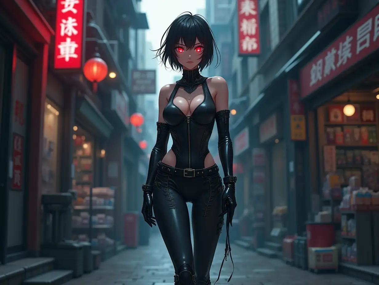 Short hair, mature Asian woman thief cyber runner in a dynamic full-length pose, eyes with red electronic pupils, large breast, extreme skintight body glove zipped down with cleavage, combat boots and combat belt. Full view of her body from boots up, low wide angle. Future store filled city alley street. Anime