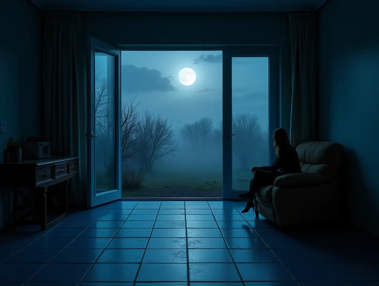 realistic image of a room tiled in navy blue and sky blue on the floor, open to the sky, some furniture, a woman sitting on an armchair in the dark, a panoramic view of garden, full moon night lighting, dark black sky white clouds, dead trees and thick mist fog invade the furniture, strange atmosphere, dark, gloomy, dark colors