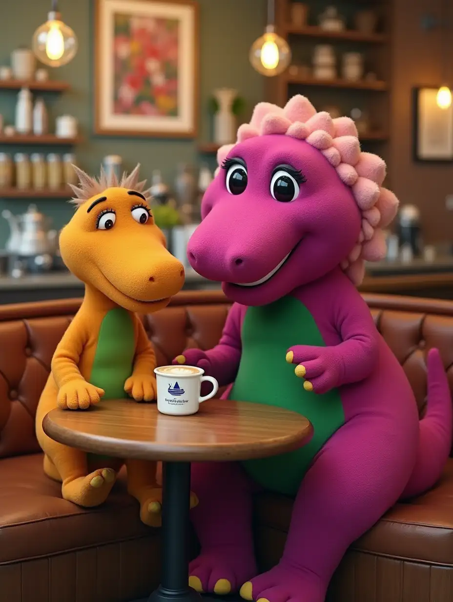 Baby Bop from Barney and her mom are sitting together at a coffee shop. Baby Bop is not eating or drinking anything. Baby Bop's mom who is also a dinosaur is drinking a cappuccino from a mug.