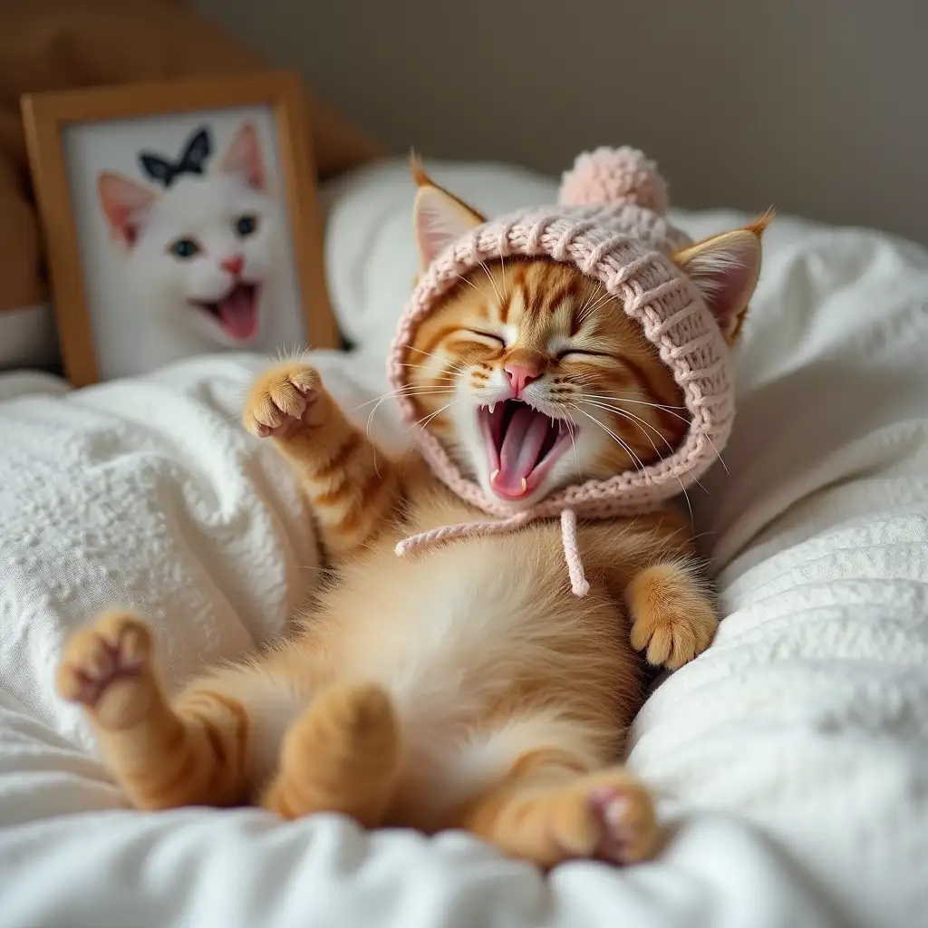 ginger nice real kitten in knitted hat lies in bed. front paws pull to the right, back paws pull to the left, he stretches. opened mouth and yawns. there is a photo nearby. on the photo cat with bow on head. cat looks at photo.