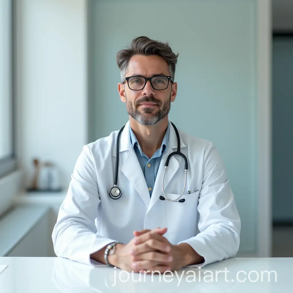Doctor-SittingAI-Image-Prompt-Expansion-at-a-White-Dusty-Desk-Wearing-Glasses-and-Looking-Straight-Ahead