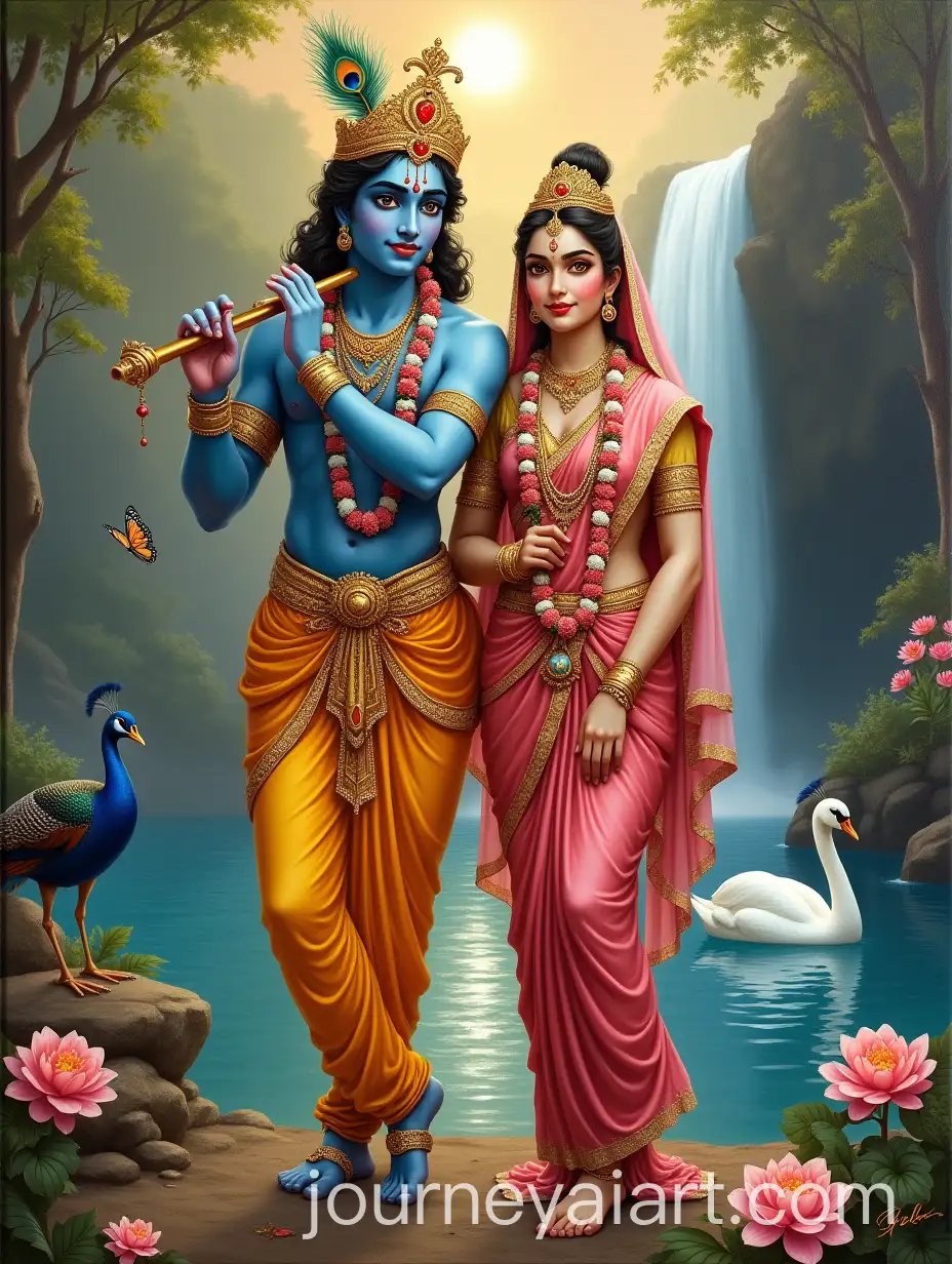 Radha-and-Krishna-in-Serene-Divine-Harmony-by-a-WaterfallAI-Image-Prompt-Expansion-with-Peacock-and-Swan