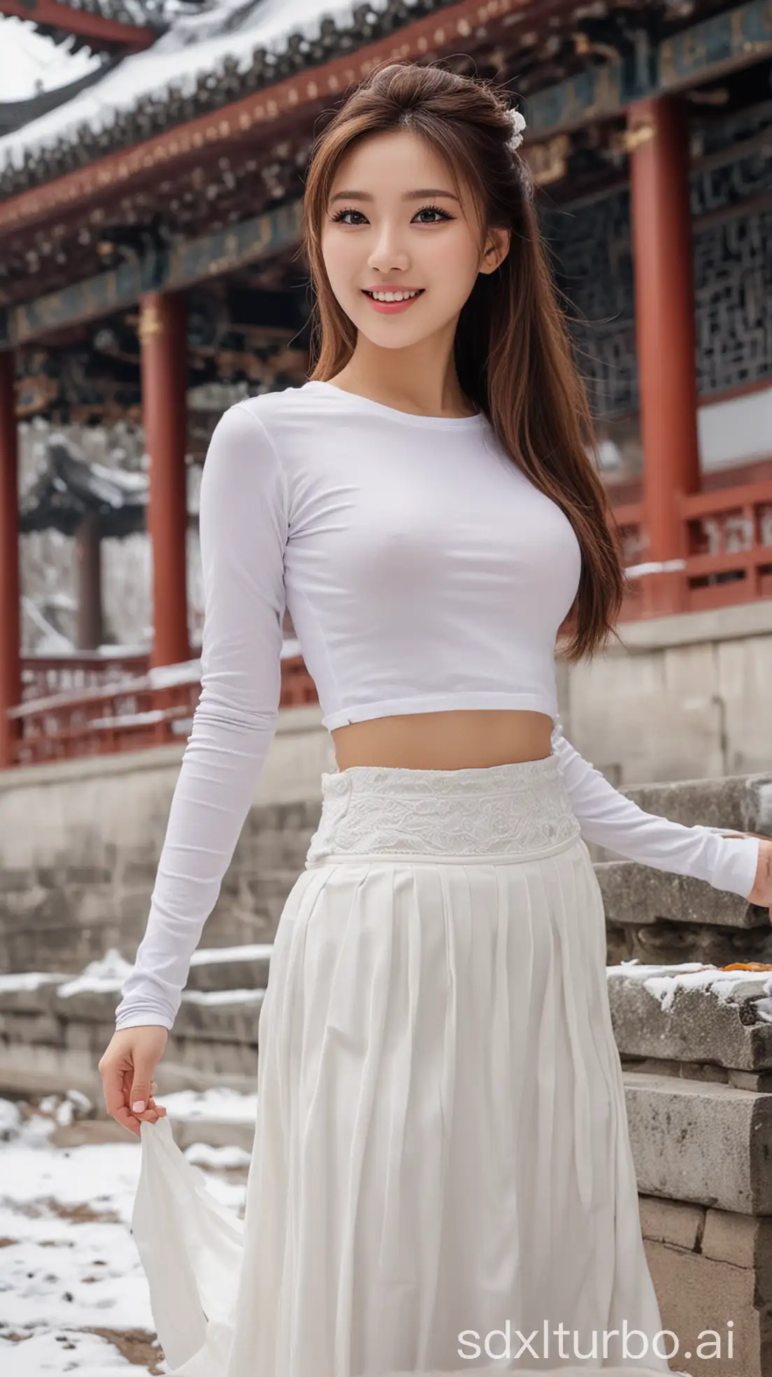 Chinese-Woman-with-Sexy-Smile-in-Winter-Near-Temple