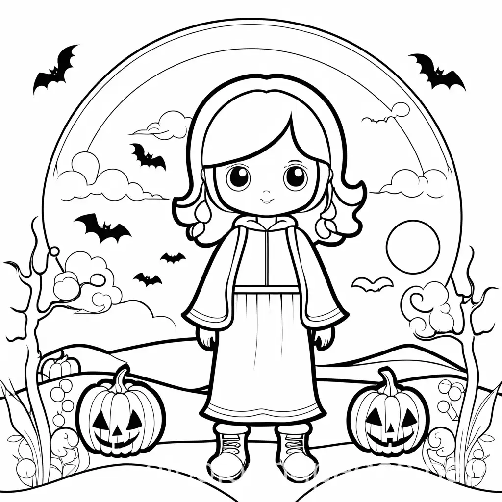 Spooky child, Coloring Page, black and white, line art, white background, Simplicity, Ample White Space. The background of the coloring page is plain white to make it easy for young children to color within the lines. The outlines of all the subjects are easy to distinguish, making it simple for kids to color without too much difficulty