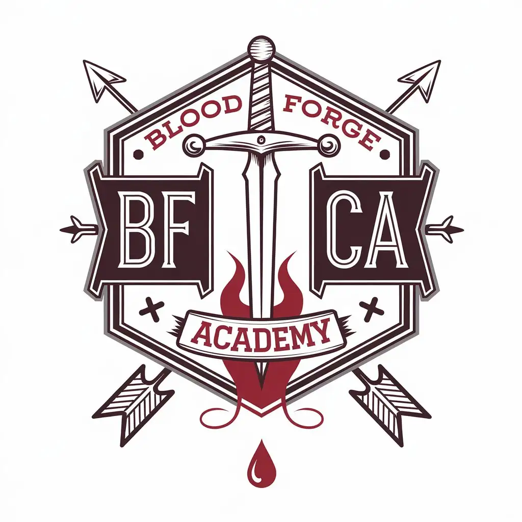 LOGO Design for Blood Forge Academy Hexagonal Sword Flame and Blood Drop Symbolizing Strength Passion