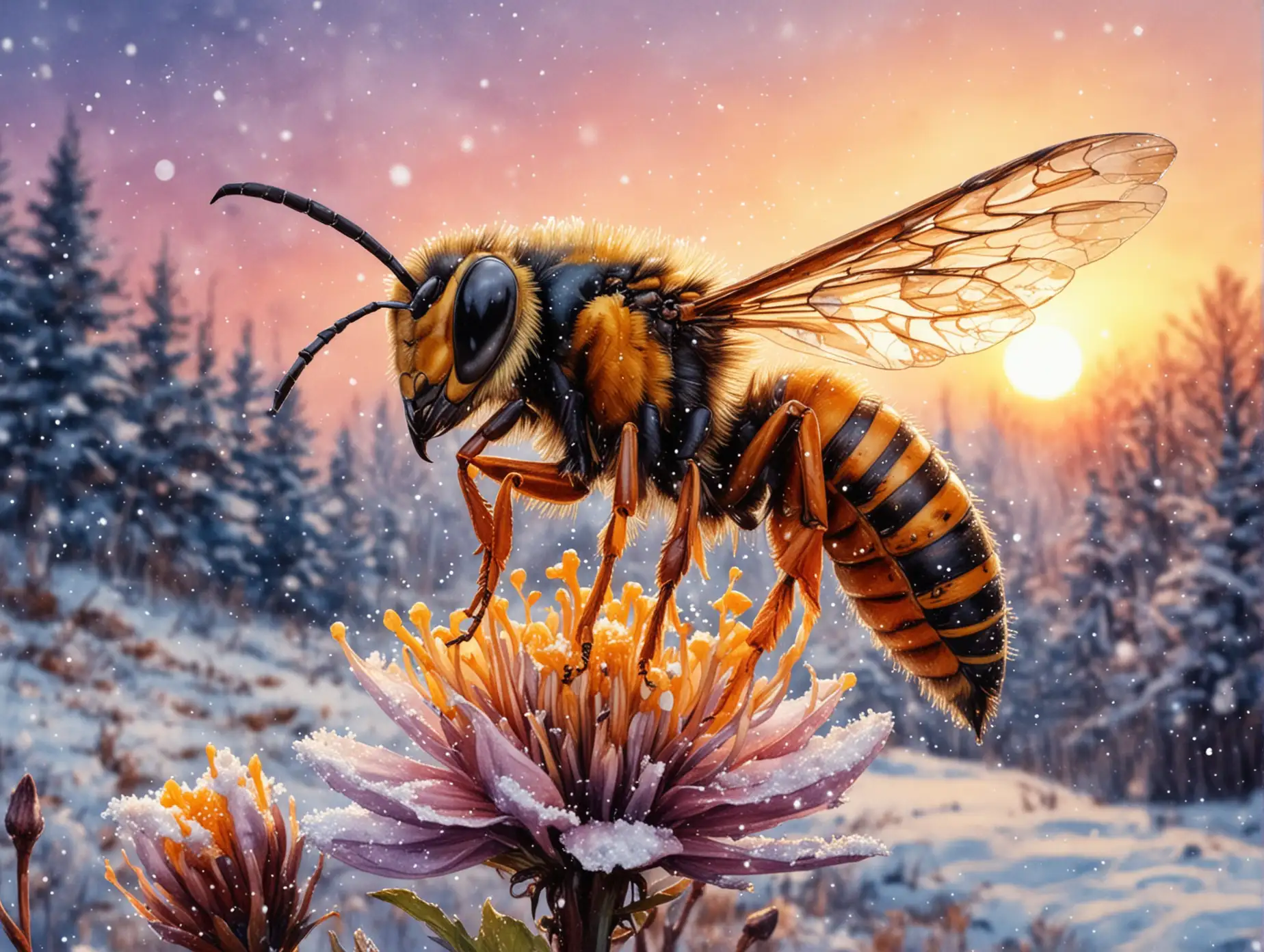 Large-Hornet-on-Winter-Flower-with-Snowfall-and-Sunset-Background-in-Watercolor-Style