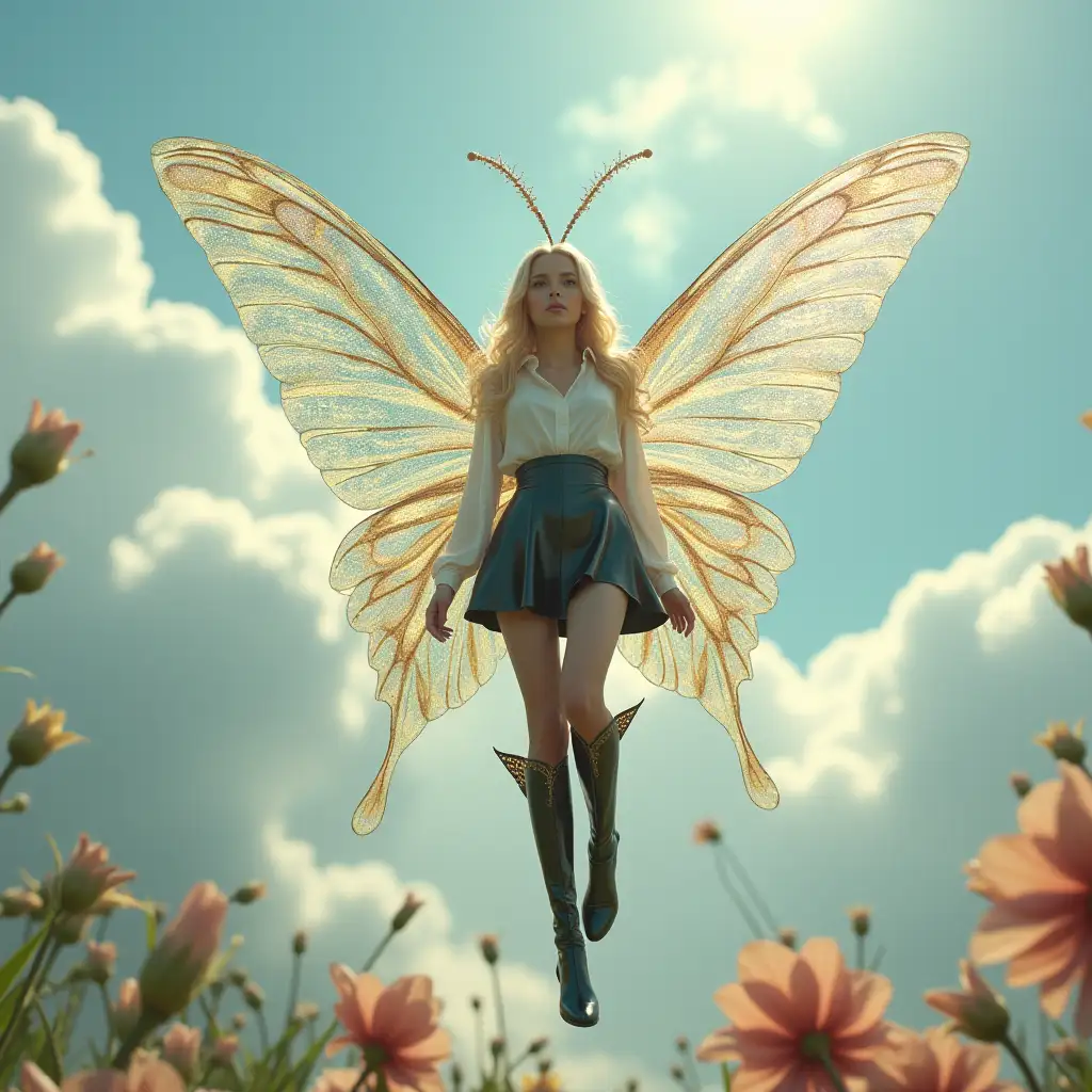 A photo of a blonde fairy with long antennae shaped like a pair of peacock feathers flying in the sky among the clouds. She has two gigantic, long, shiny iridescent sparkling, transparent, peacock patterned butterfly wings. The fairy is wearing a white blouse, shiny black leather miniskirt, and elegant latex stiletto thigh high boots with ankle butterfly wings. The background is a cloudy sky and gigantic flowers.