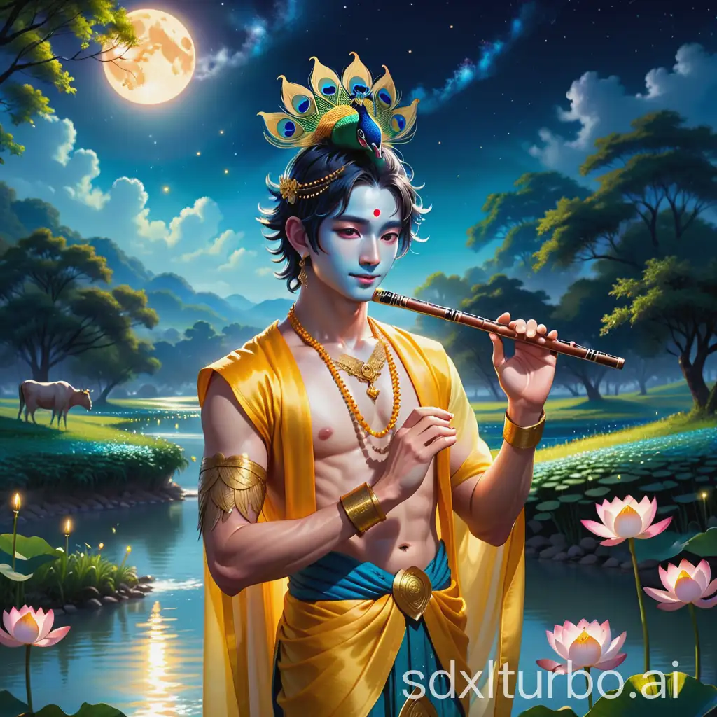 A serene and divine young man with glowing blue skin, standing by a tranquil river under the moonlight. He is adorned with golden jewelry, a majestic peacock feather crown, and wearing a vibrant yellow silk garment. He holds a flute gracefully in one hand, surrounded by an aura of light. Nearby, cows graze peacefully, and the landscape is lush with greenery, blooming lotus flowers, and a starry sky. The scene radiates calmness, spirituality, and a sense of harmony, rendered in intricate detail and vibrant colors, with an ethereal glow highlighting the mystical atmosphere