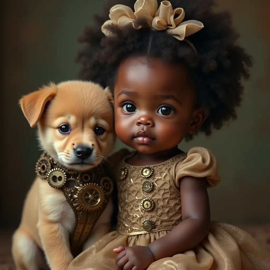 Realistic African American Infant in Steampunk Dress with Puppy