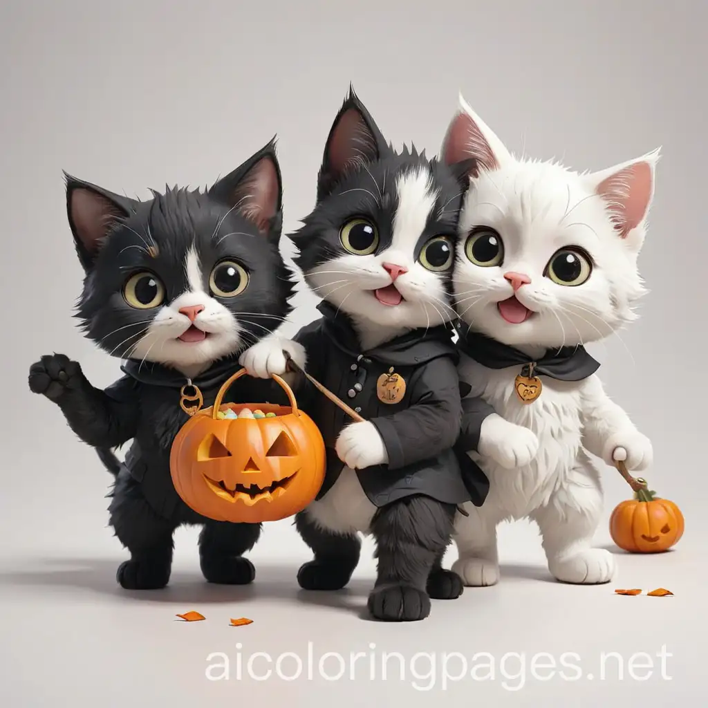 Cute-Kawaii-Kittens-Trick-or-Treating-Black-and-White-Line-Art-Coloring-Page