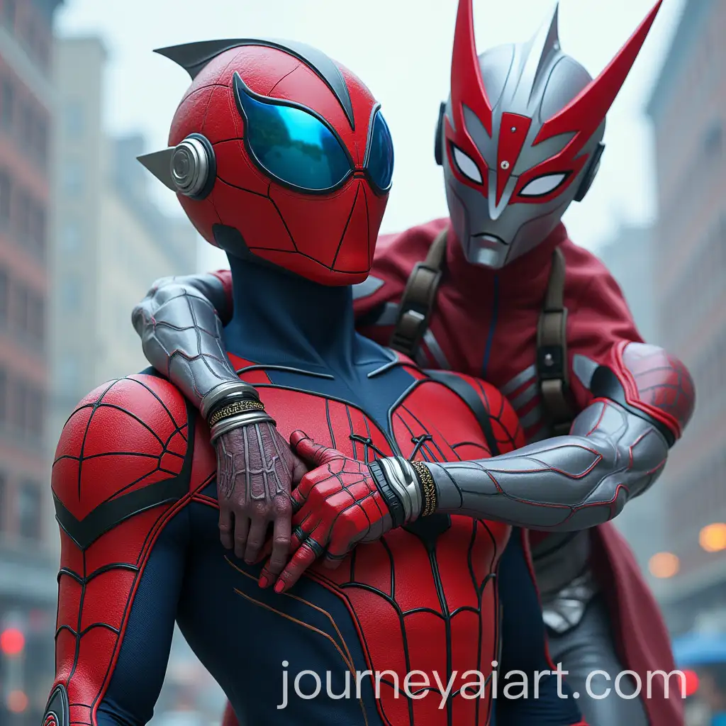 Kamen-Rider-V3-and-Spiderman-Standing-on-Ultramans-Shoulder-in-Marvel-Studios-Movie-Poster-Style