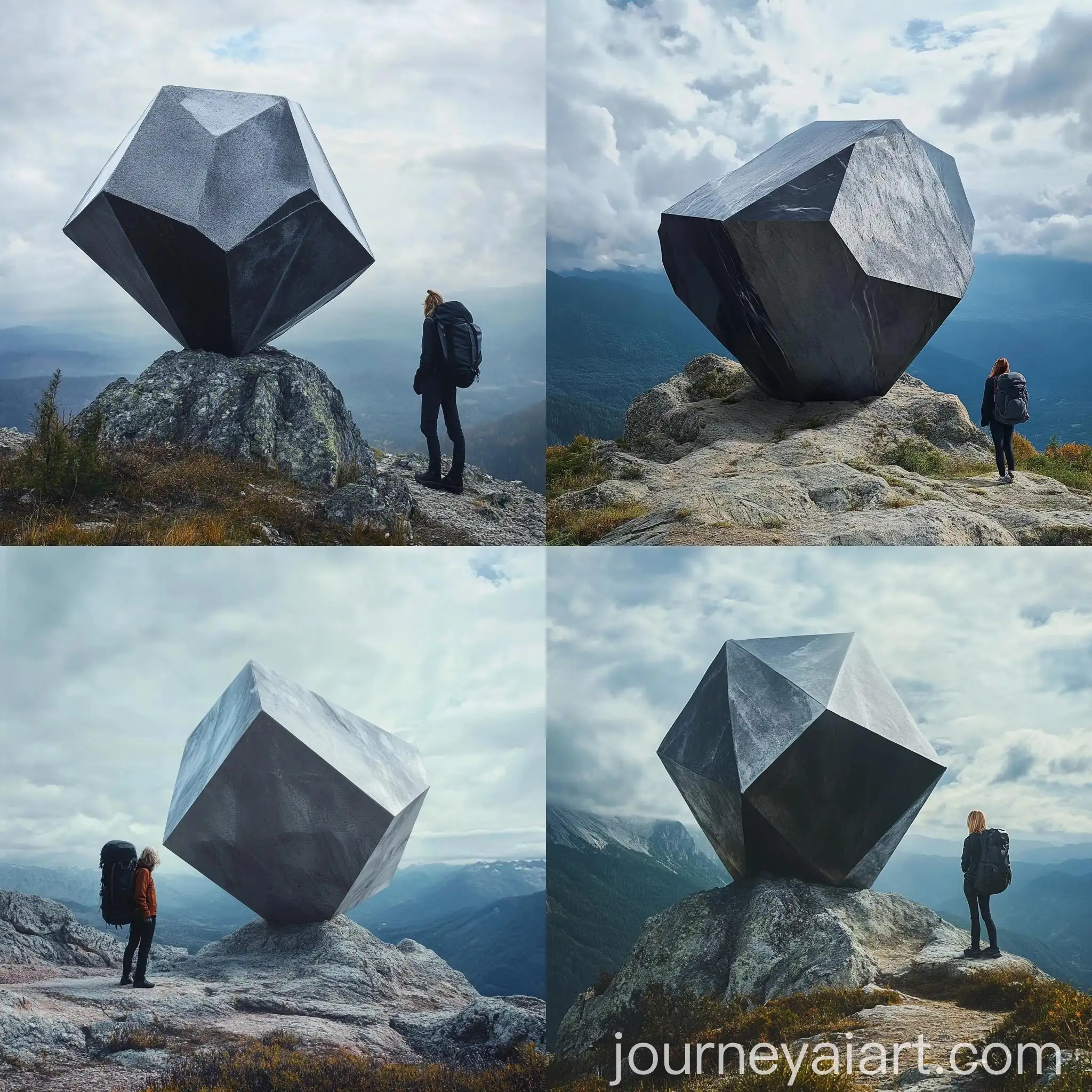 Geometric-Stone-on-Mountain-Top-with-Trekker